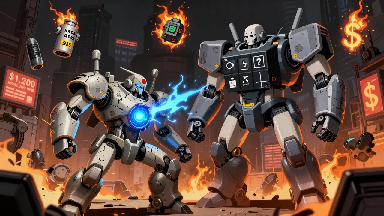 A generic drug robot battles a faceless FDA mech surrounded by rejected prototypes and rising drug prices.