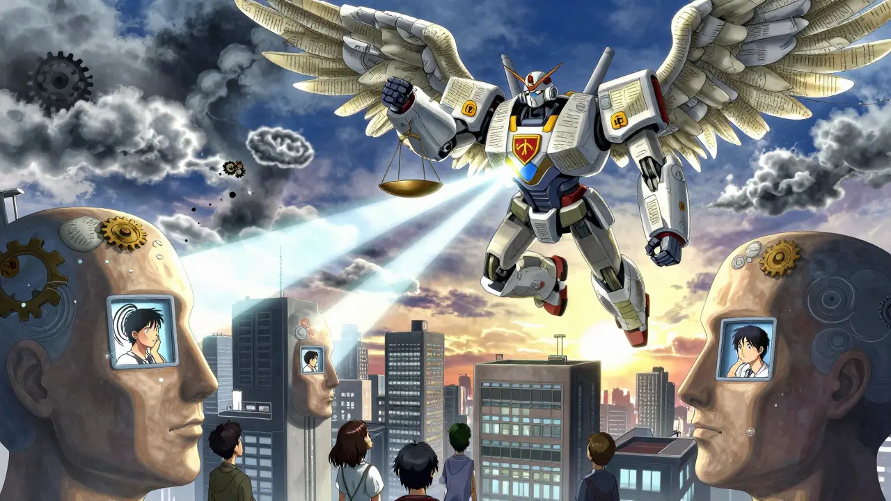 A giant CBT mech with thought-record wings dissolving storm clouds over a city of human-head buildings at dawn.