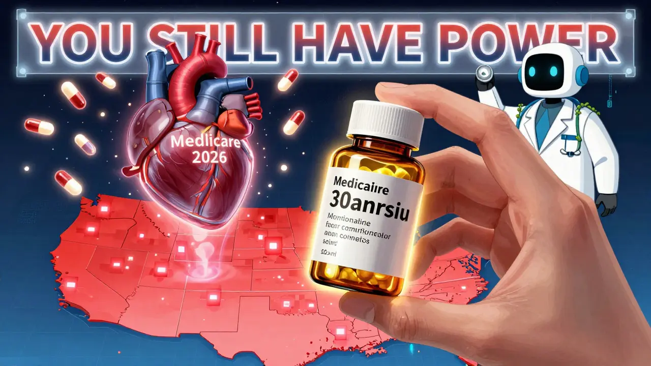 A hand holds a glowing transitional pill bottle as a mechanical heart launches drug molecules into orbit across a map of the U.S.