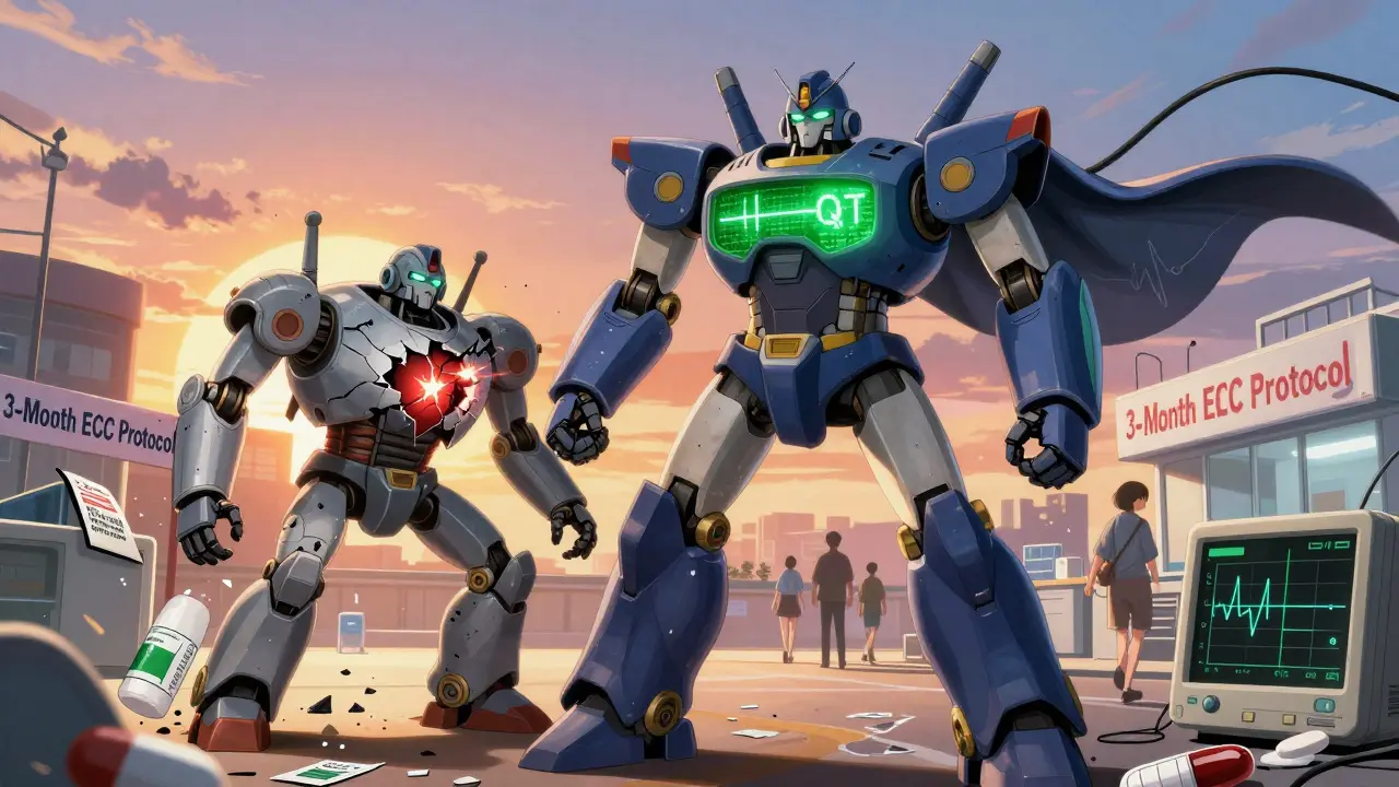 A heroic buprenorphine mech standing beside a failing methadone robot, with a steady ECG line and broken drug labels.