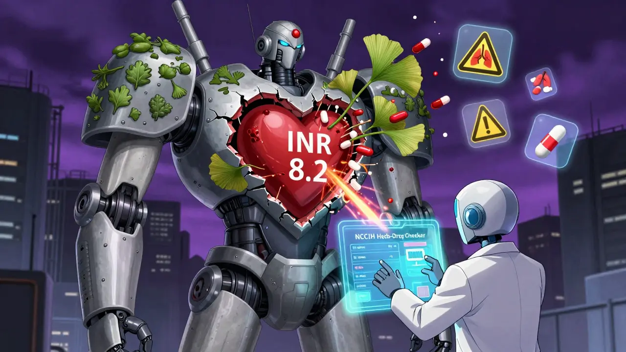 A hospital robot's heart explodes with ginkgo leaves and pills, while a technician works on a holographic drug interaction checker.