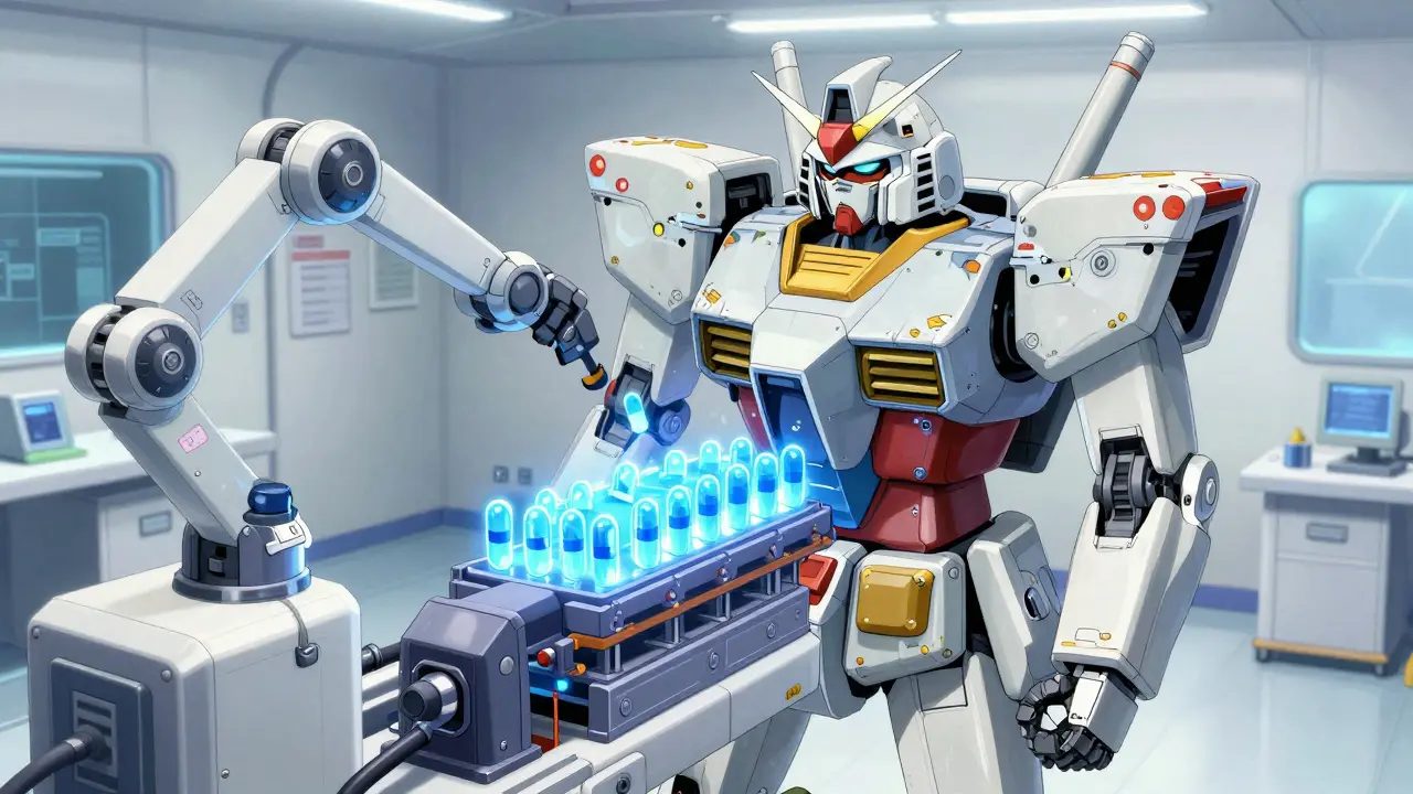 A mecha unit recharging at a futuristic station with organized glowing energy capsules.