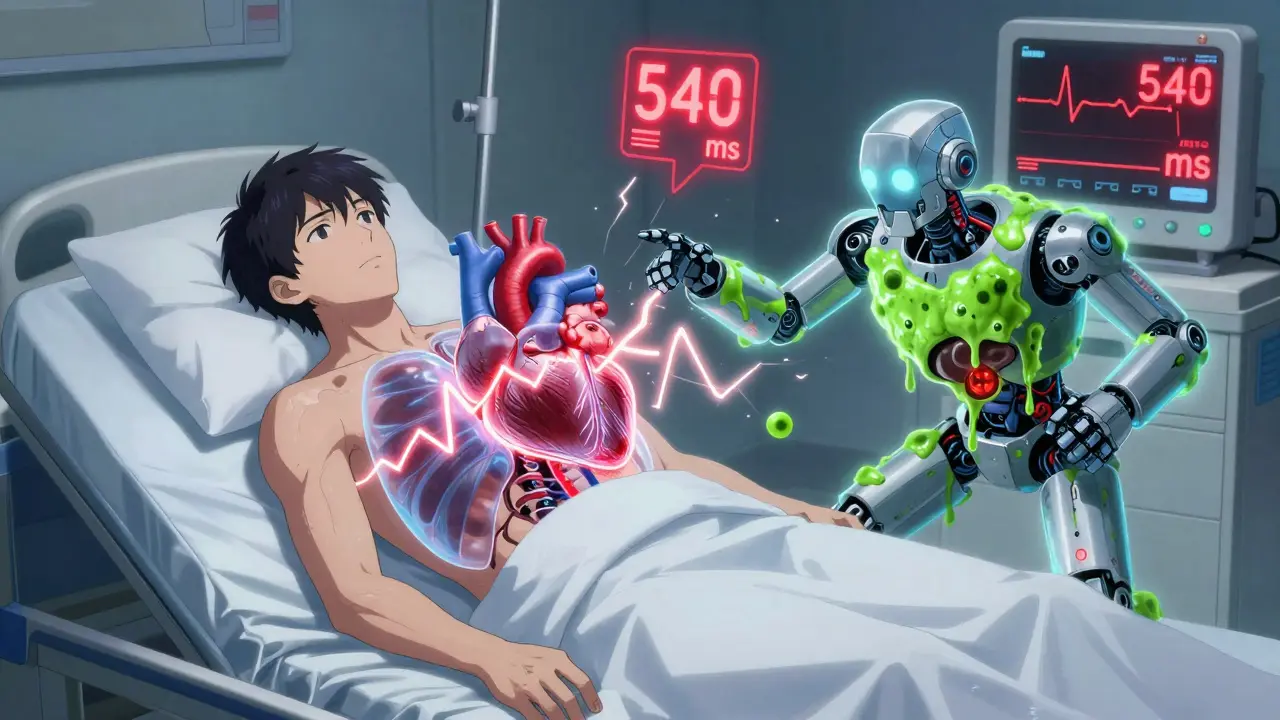 A patient's translucent heart in torsade de pointes, with enzyme robots battling in the liver under a 540 ms ECG readout.