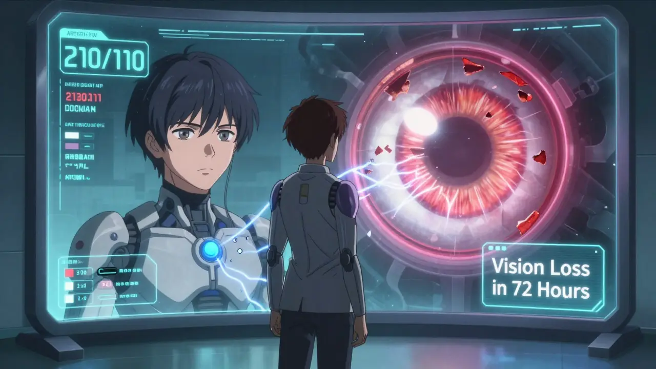 A patient faces a mirror showing their face and a damaged retina with rising blood pressure readings and a countdown timer.