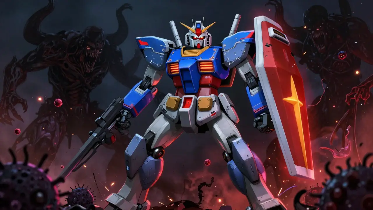 A robot's energy shields flickering red as shadowy monsters approach in a dark battlefield.