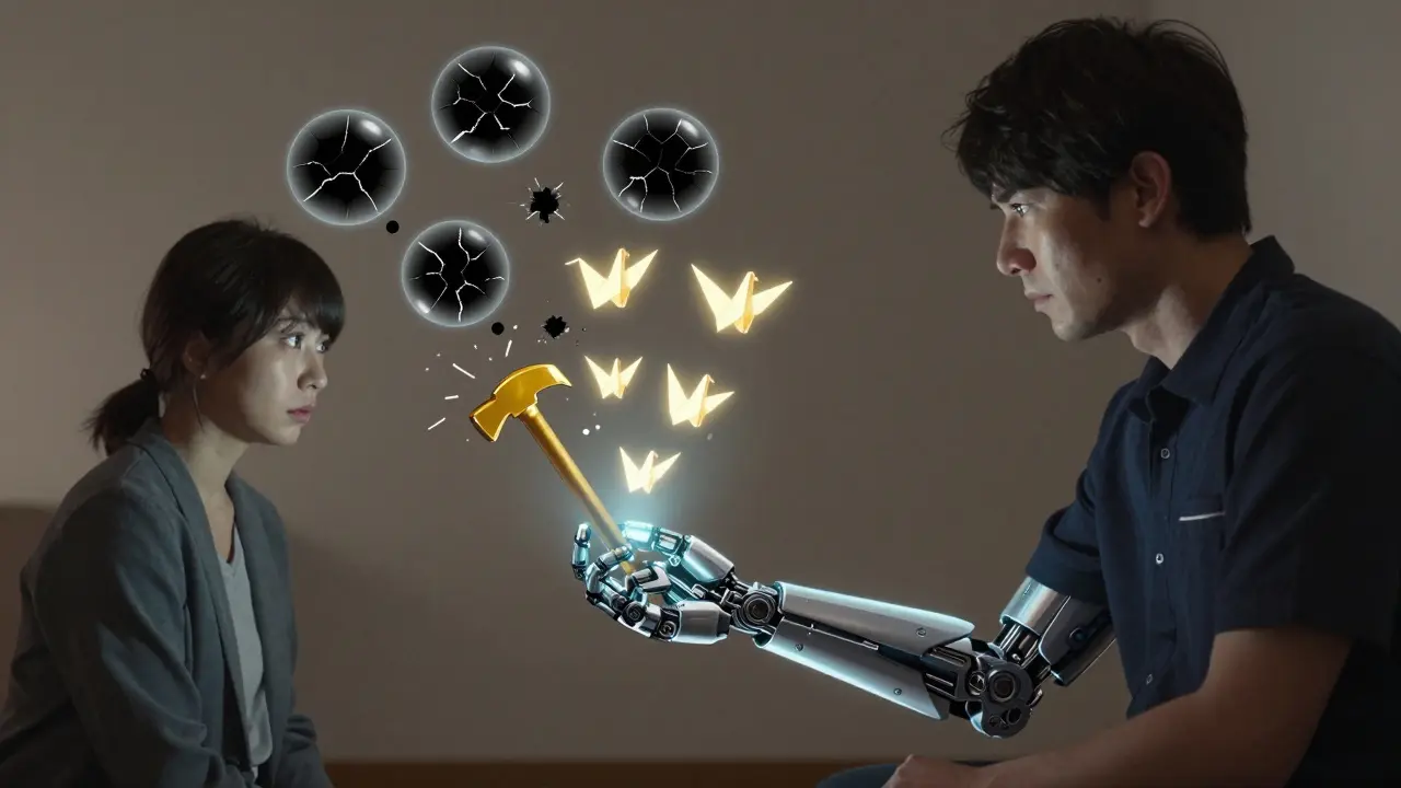 A therapist projecting holographic thought records as golden hammers shatter dark thought bubbles into glowing paper cranes.