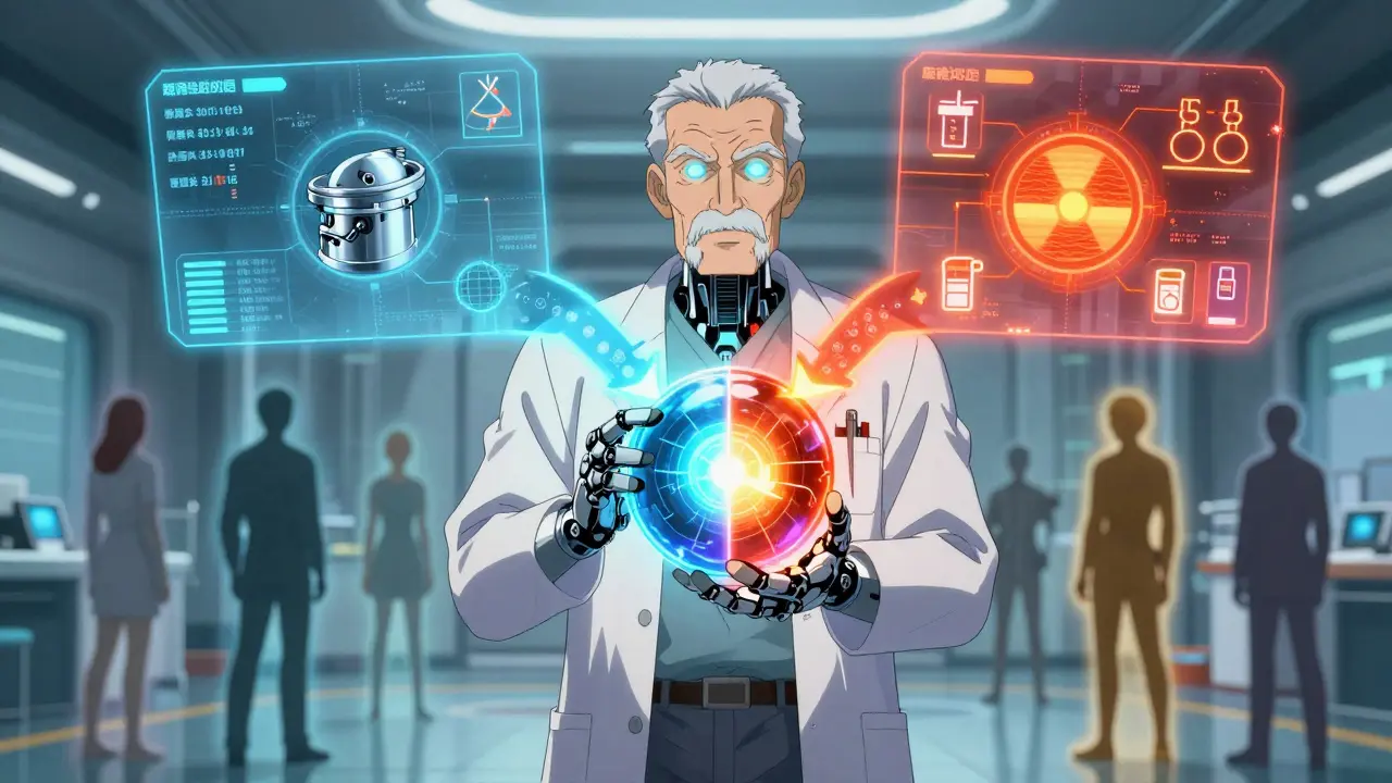 An elderly robot doctor presents two treatment paths as diverse patients contemplate their choices in a high-tech clinic.