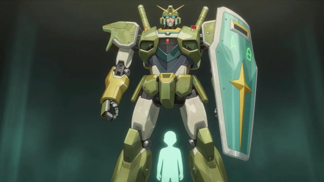 Guardian robot holding a shield over a small figure