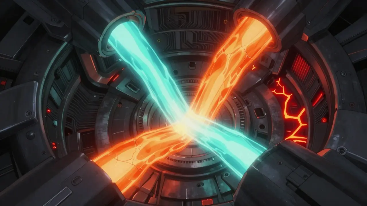 Robot reactor core with merging energy streams and cracks