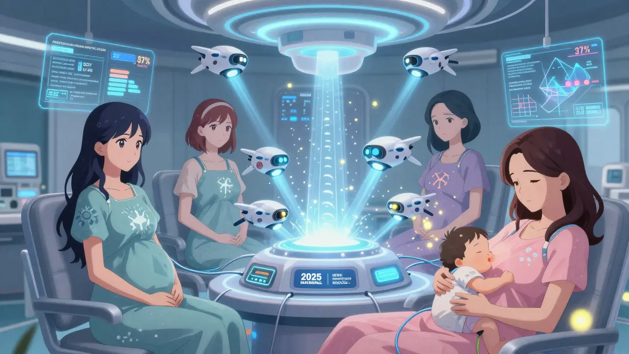 Three mothers connected to a futuristic network supporting safe pregnancy and breastfeeding, with floating medication drones.