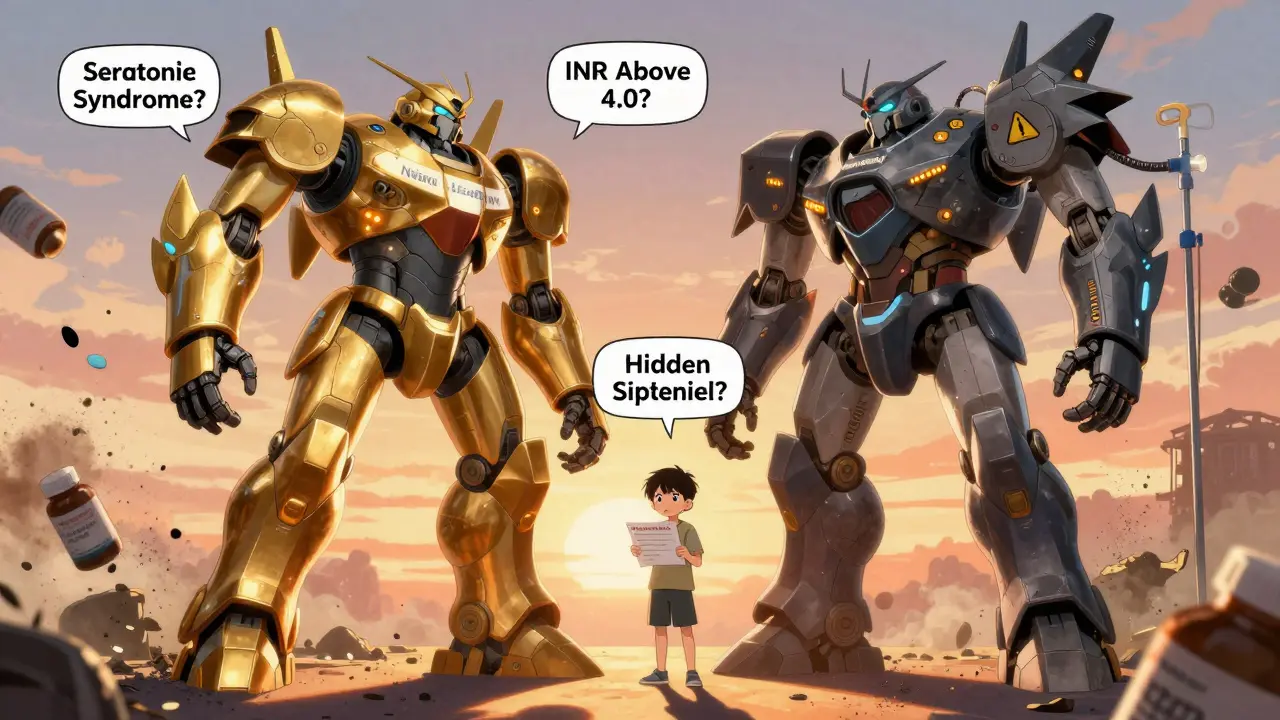 Two colossal robots labeled 'Natural Safety' and 'Prescription Meds' face off, with a child holding a checklist amid floating medical warning icons.