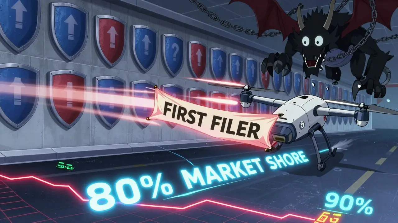 Two drug delivery drones race past legal barriers, one leading as prices plummet below.