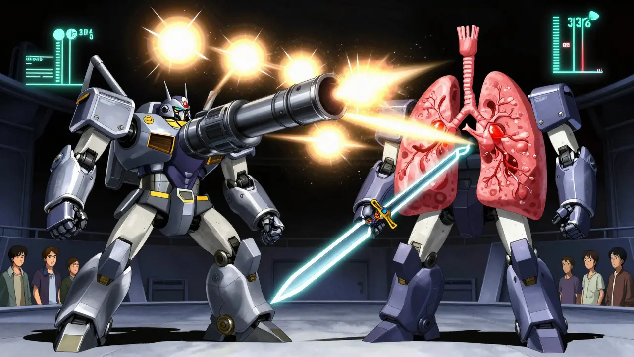 Two giant mech units battle cancer in the lung—one using SBRT energy pulses, the other a surgical blade, with patients observing.
