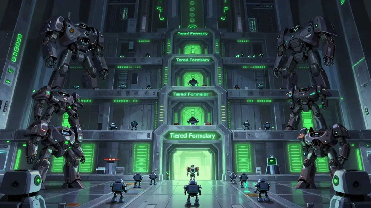 A five-tiered mechanical fortress representing the Medicare drug formulary system.