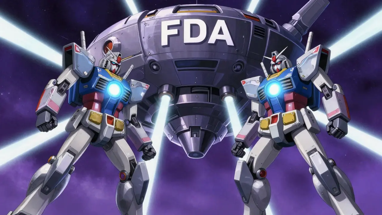 A giant FDA orbital station monitoring two identical robots to ensure they are the same.