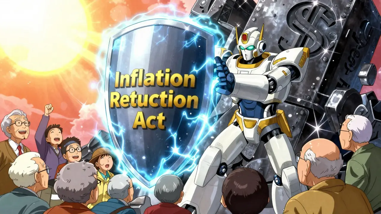 A heroic robot deploying a protective energy shield over seniors to limit costs.