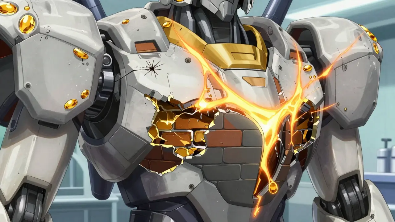 Close-up of crumbling robot armor showing a breach in the protective skin barrier