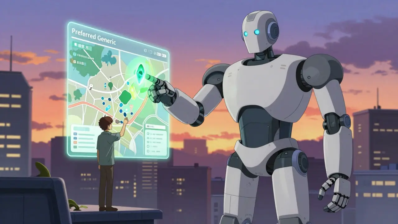 Huge robot helping a person choose affordable medication in a futuristic city