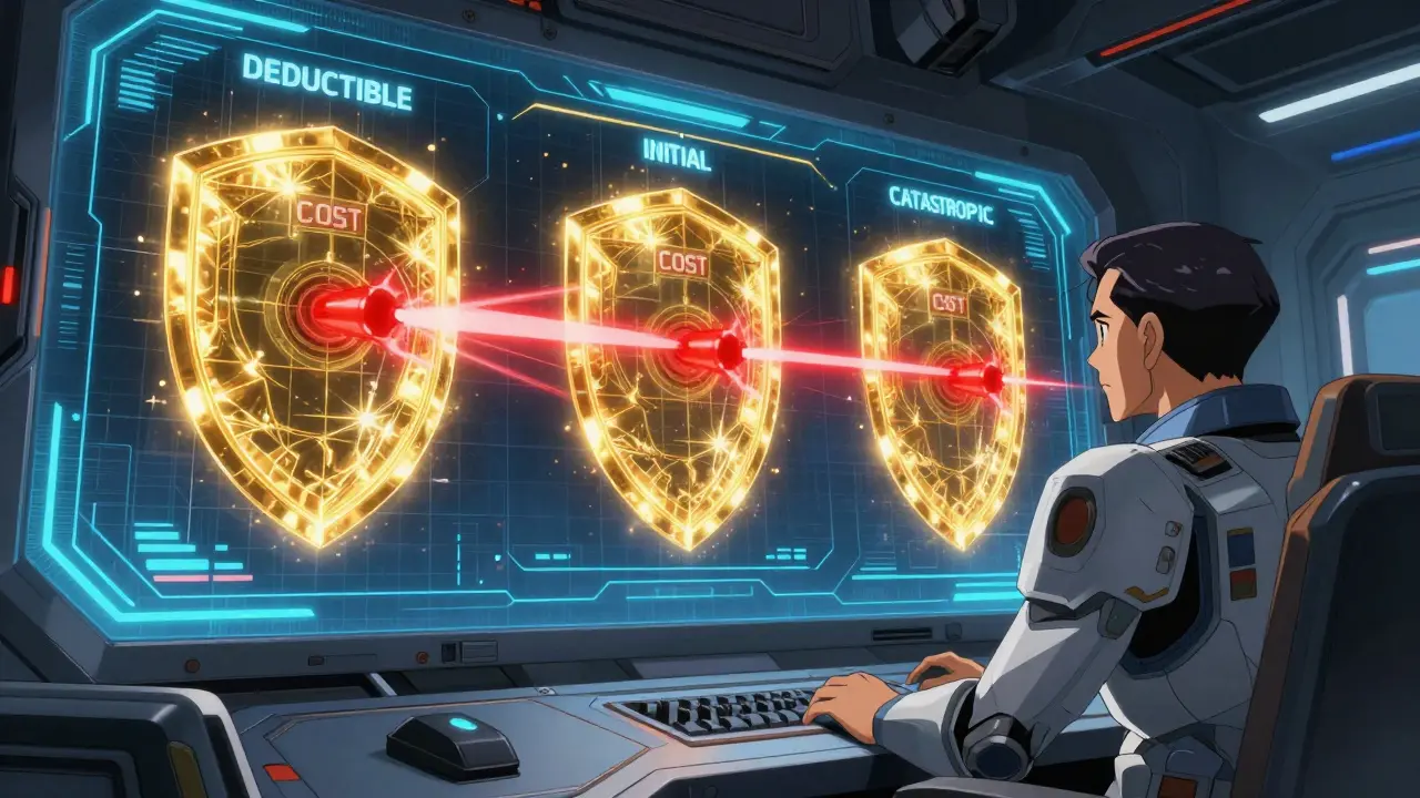 Mecha pilot analyzing holographic shields representing drug coverage phases