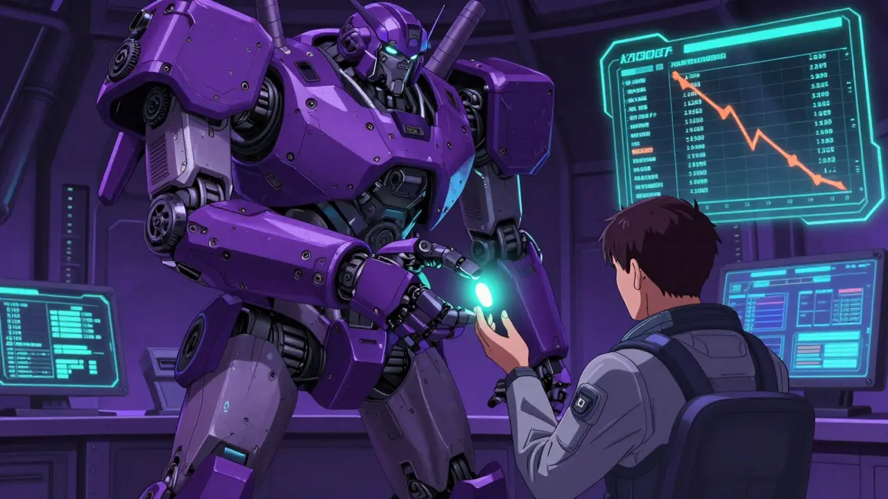 Mechanical robot arm delivering a medication tablet in a futuristic command center