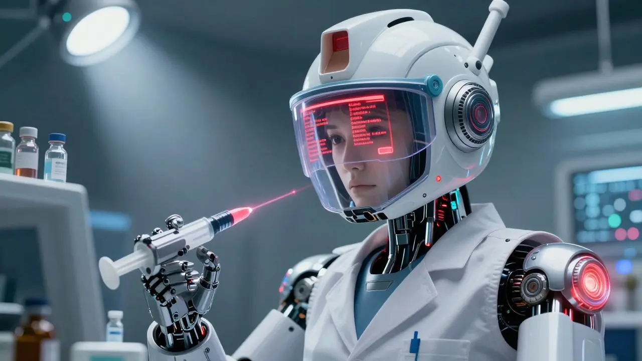 Pharmacist in tactical gear analyzing critical medication alerts