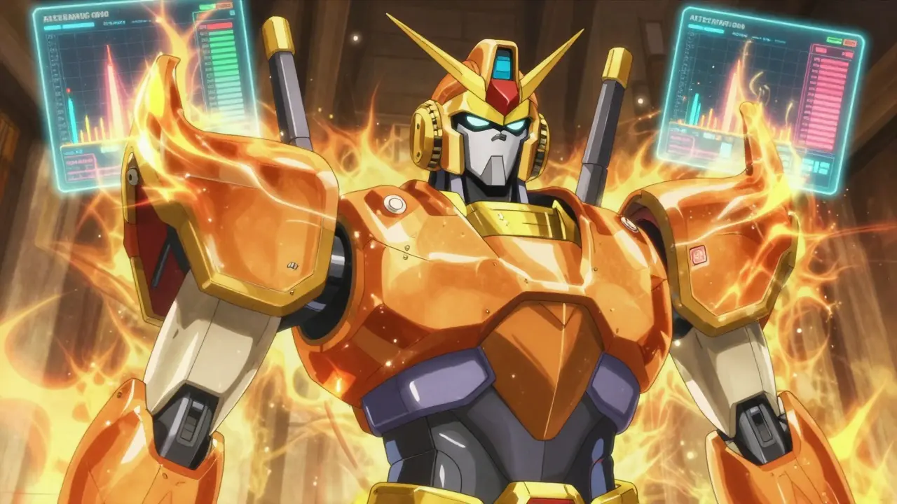 Robot radiating a golden heat aura to symbolize the afterburn effect