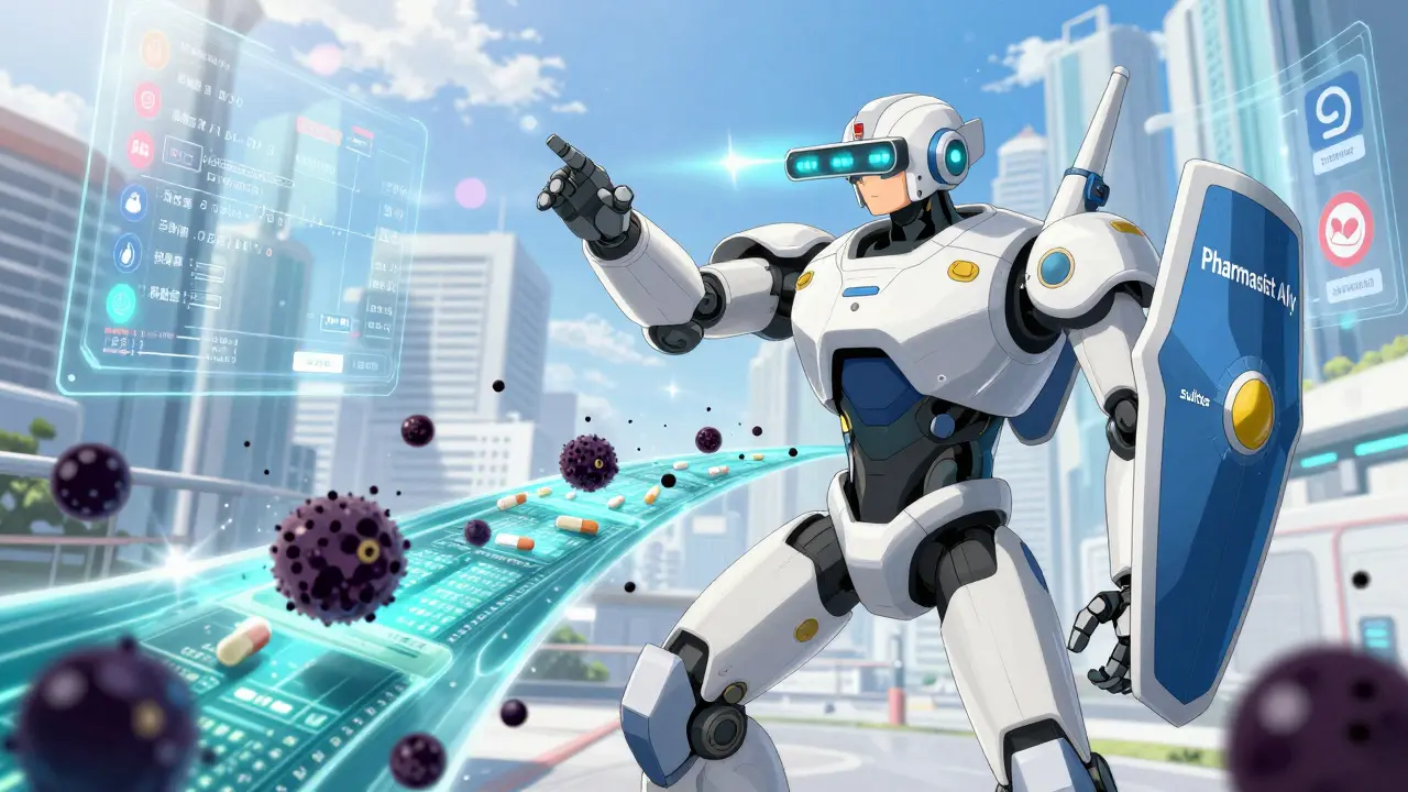 A hero robot using shields to filter out allergen particles from medication streams, aided by pharmacist technology.