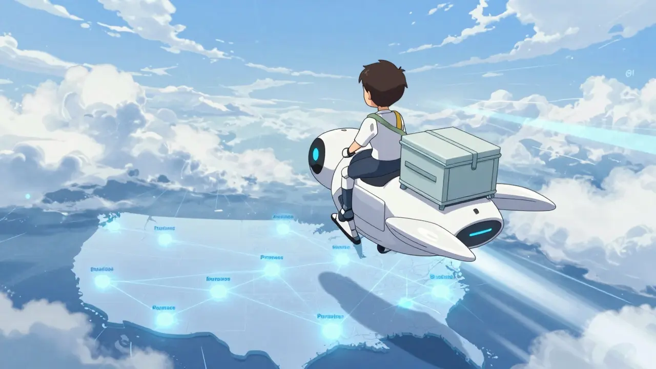 A messenger robot delivering a medical package over a glowing map in anime style.