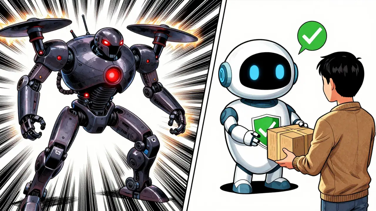 Anime style comparison between a dangerous scam robot and a safe telehealth helper bot.