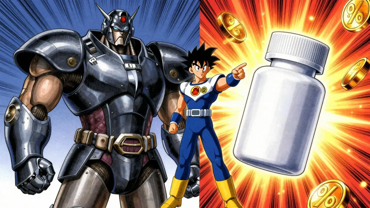 Anime style comparison showing cheap generic meds vs expensive brand name drugs