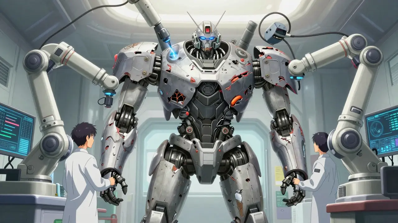 Damaged super robot undergoing repairs in a futuristic hospital