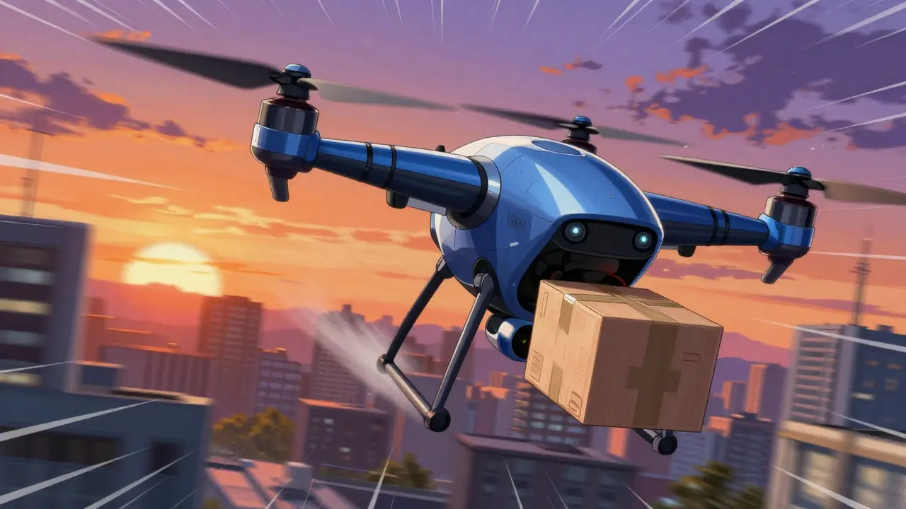 Delivery drone robot carrying medicine package over city