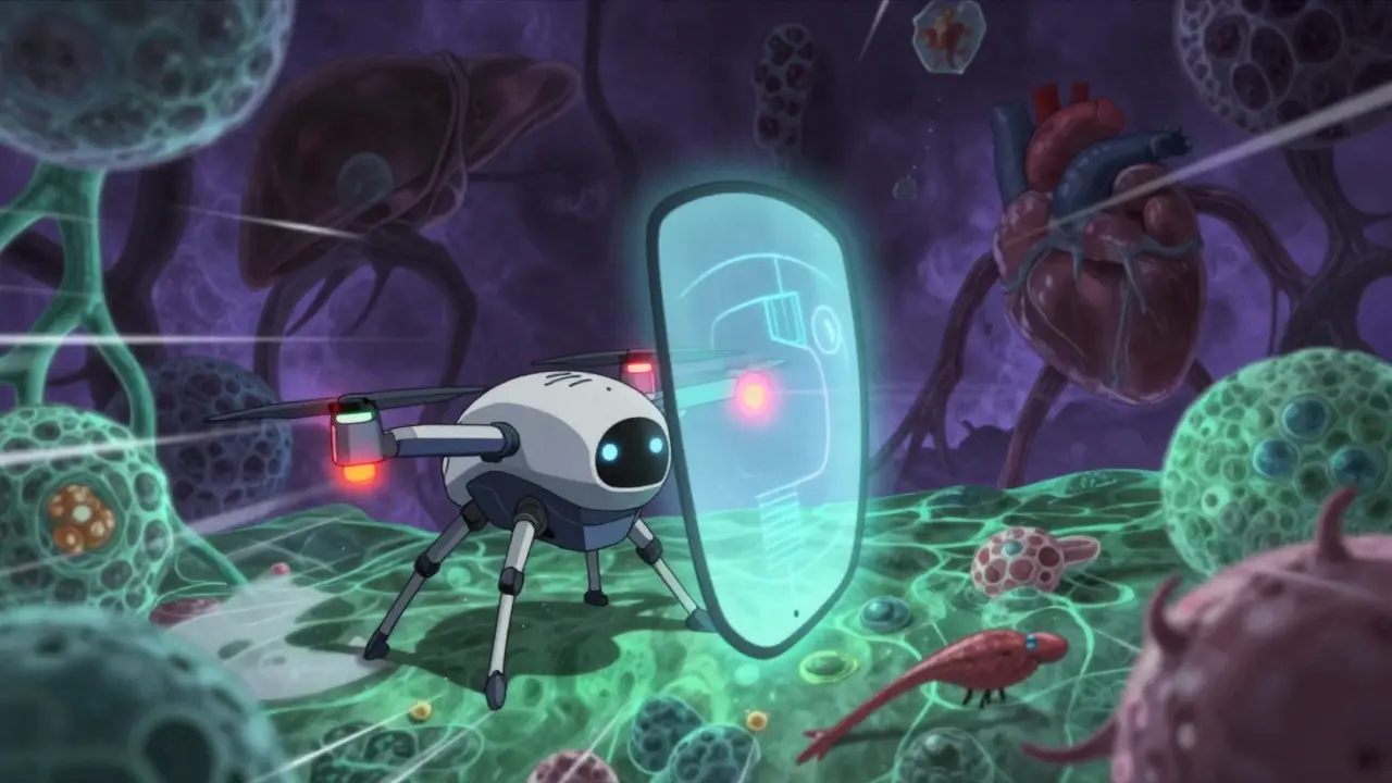Diagnostic drone scanning cellular threats in anime style