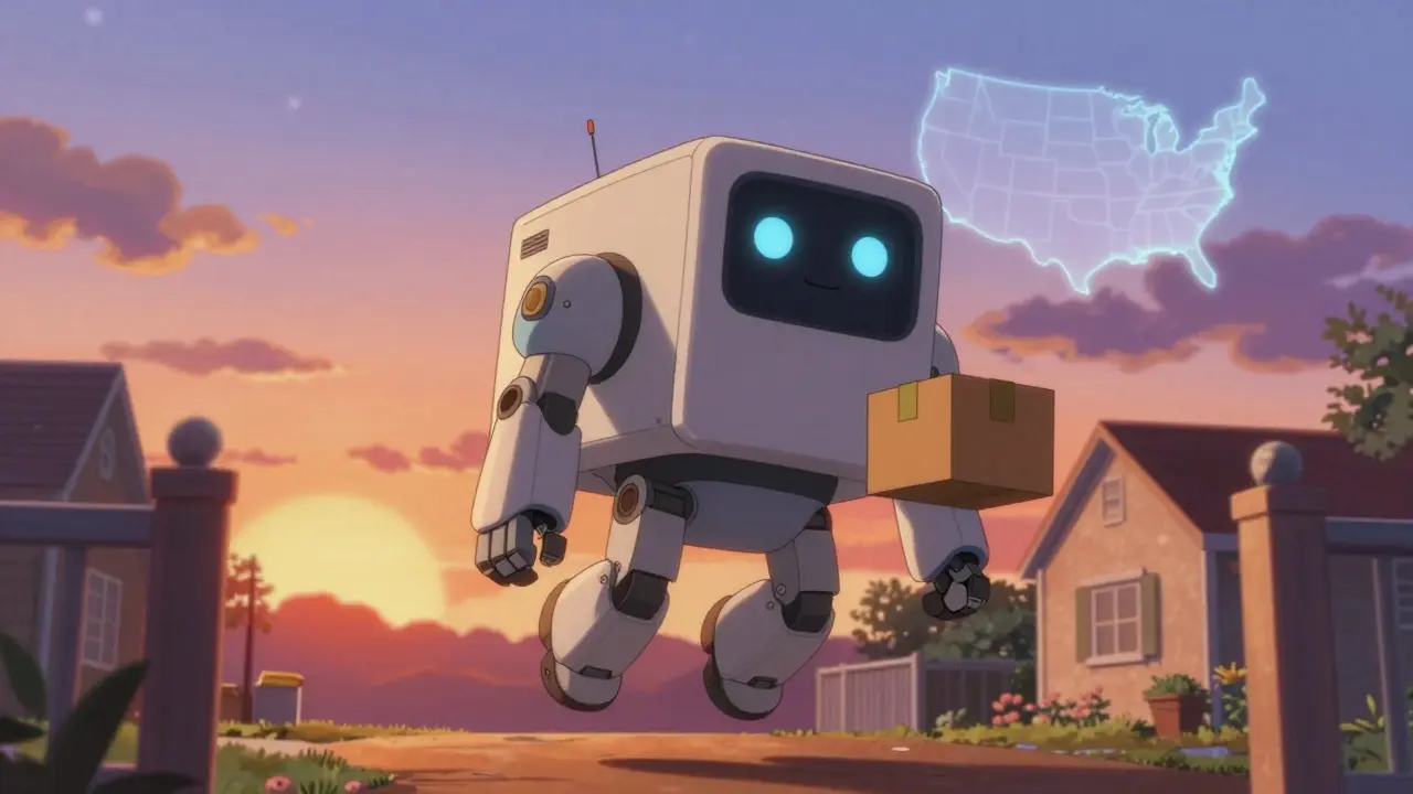 Friendly delivery robot dropping off a package at sunset