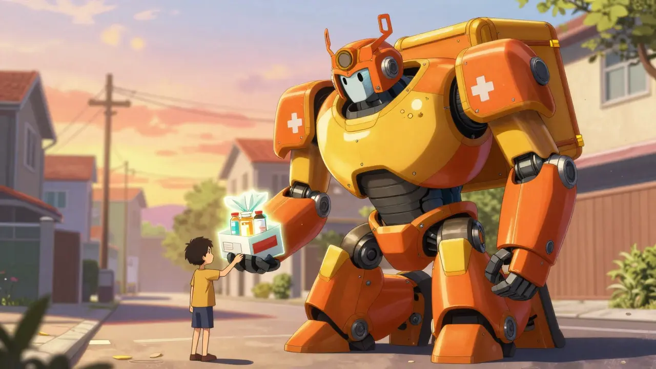 Friendly delivery robot handing meds to patient