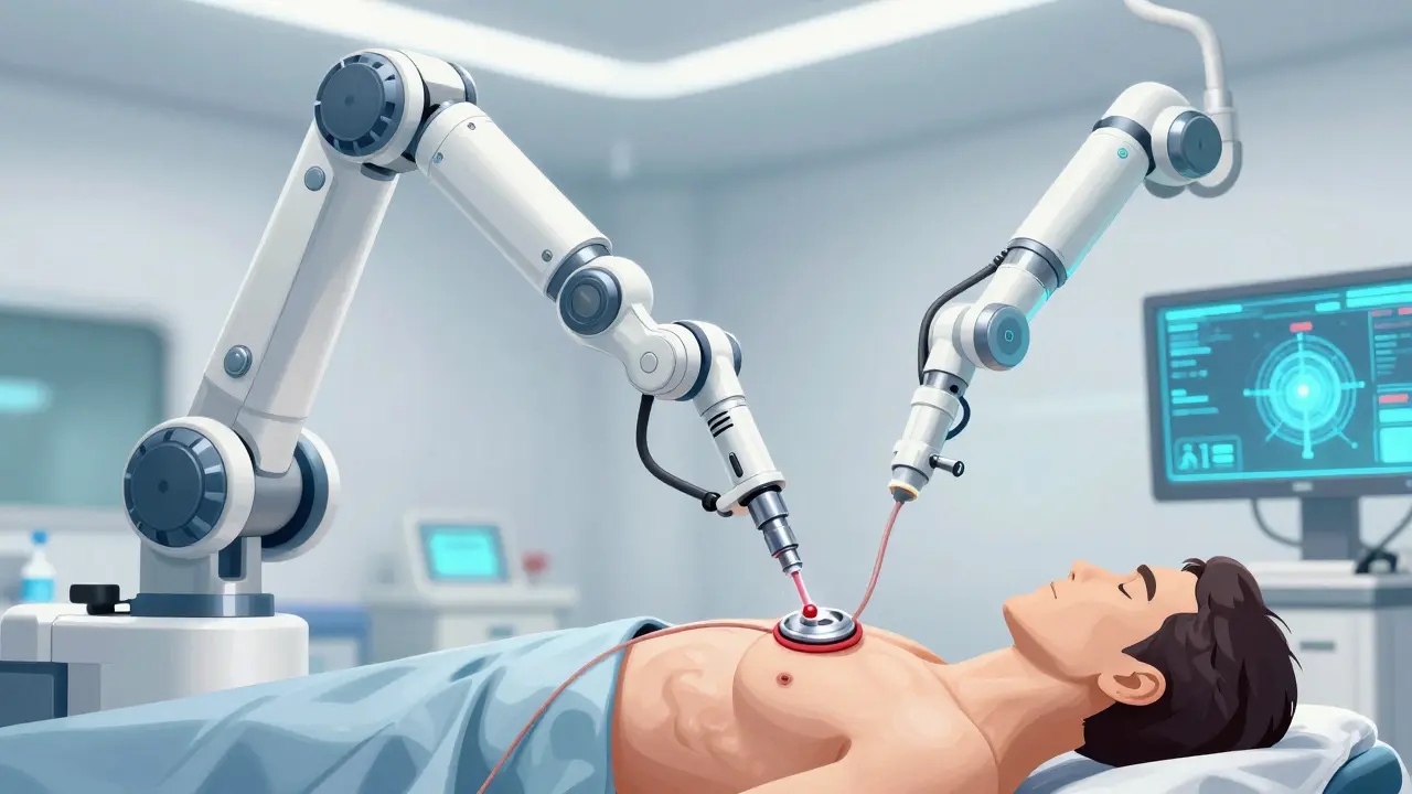 Futuristic robotic arm performing minimally invasive heart valve replacement surgery