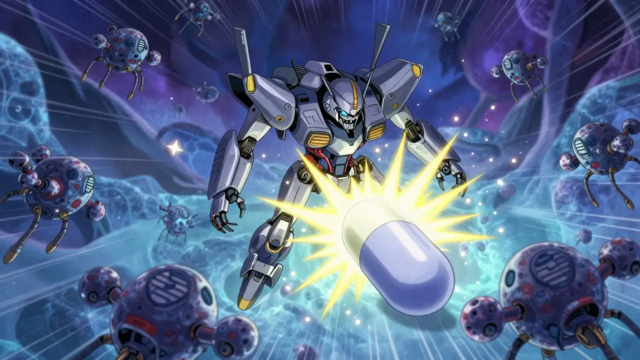 Genetic nanobots attacking a pharmaceutical robot in anime style