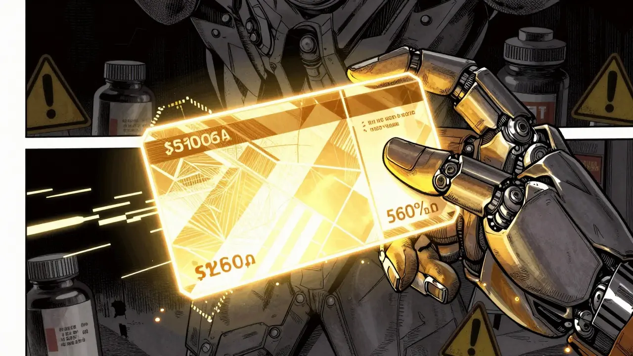 Glowing discount coupon held by robotic hand in manga style