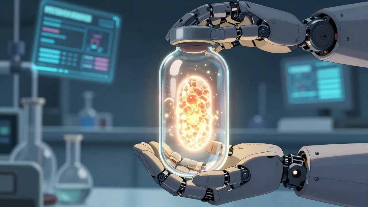 Glowing golden energy core in a capsule held by a robotic arm in a lab