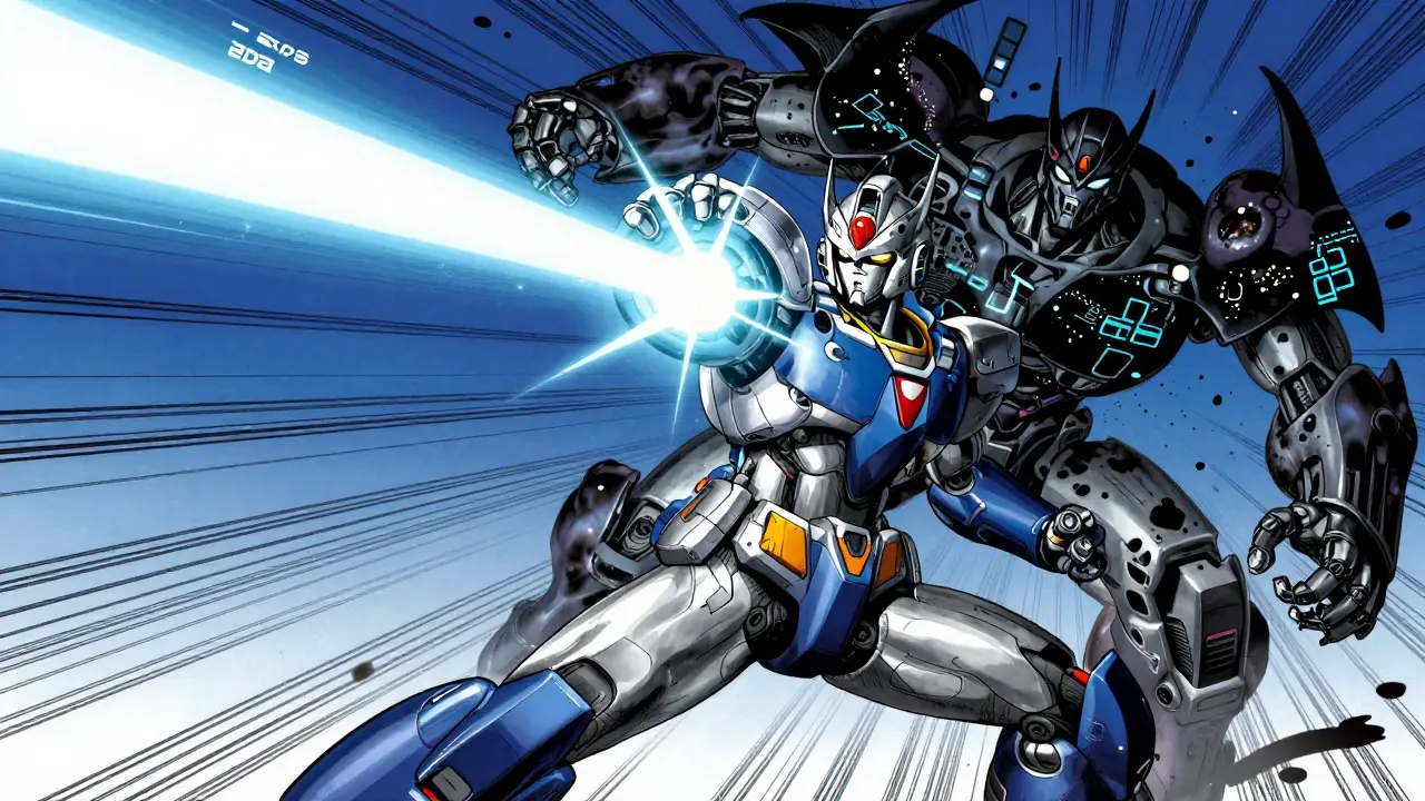 Hero robot defeating a shadowy villain mech with a beam of light