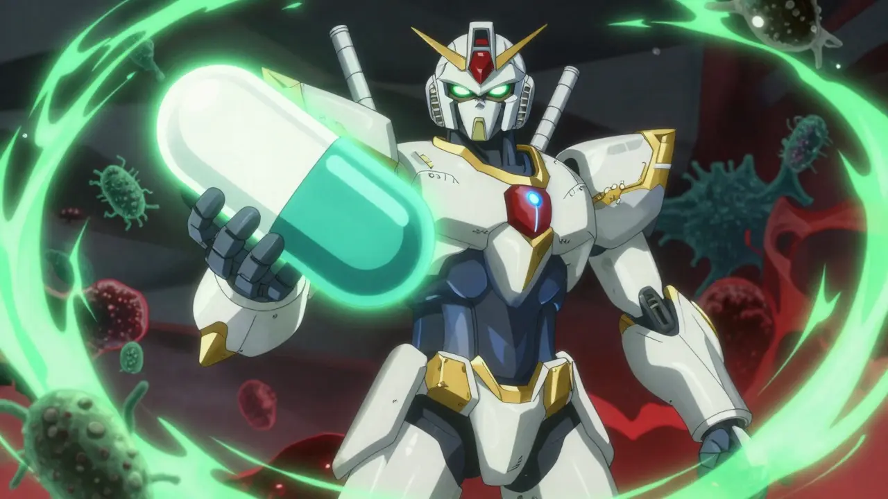 Heroic robot holding glowing pill against dark energy waves