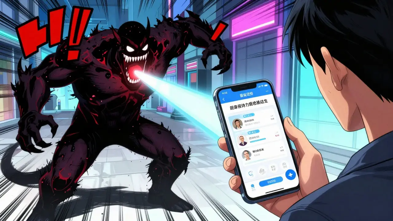Manga art of person using telemedicine app to block fake drug scams