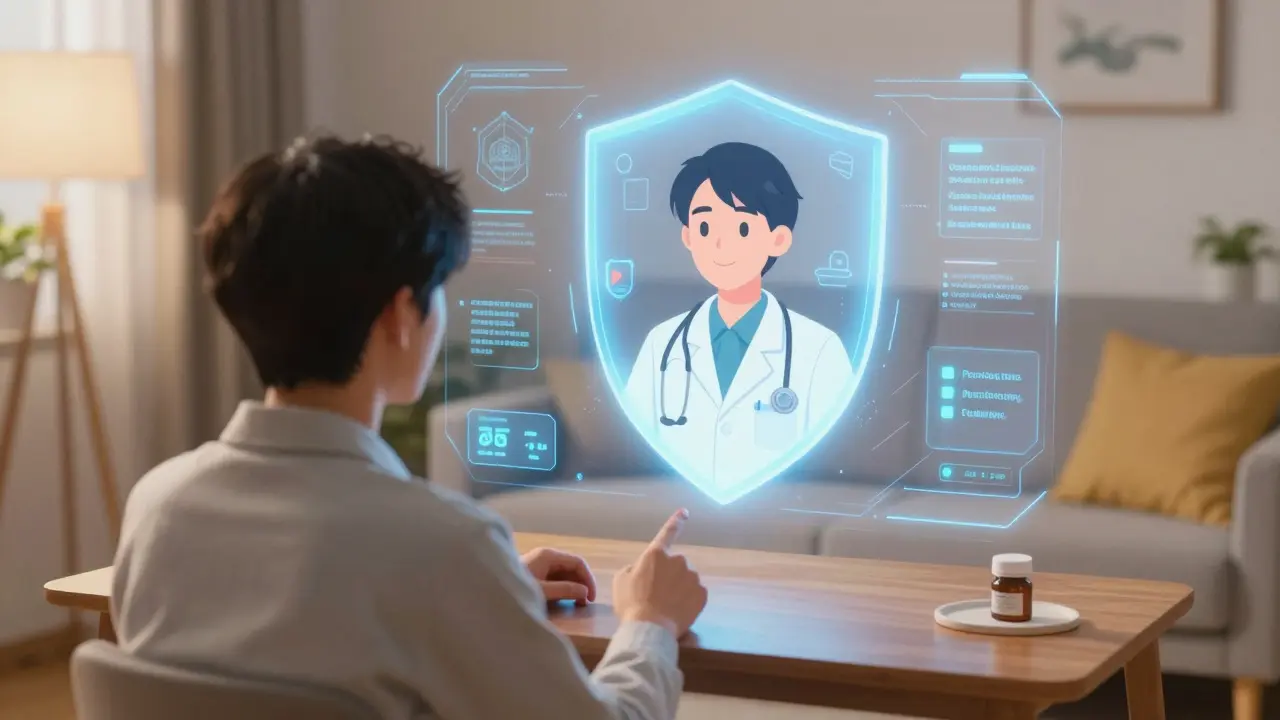 Person consulting with a holographic doctor via secure telemedicine interface