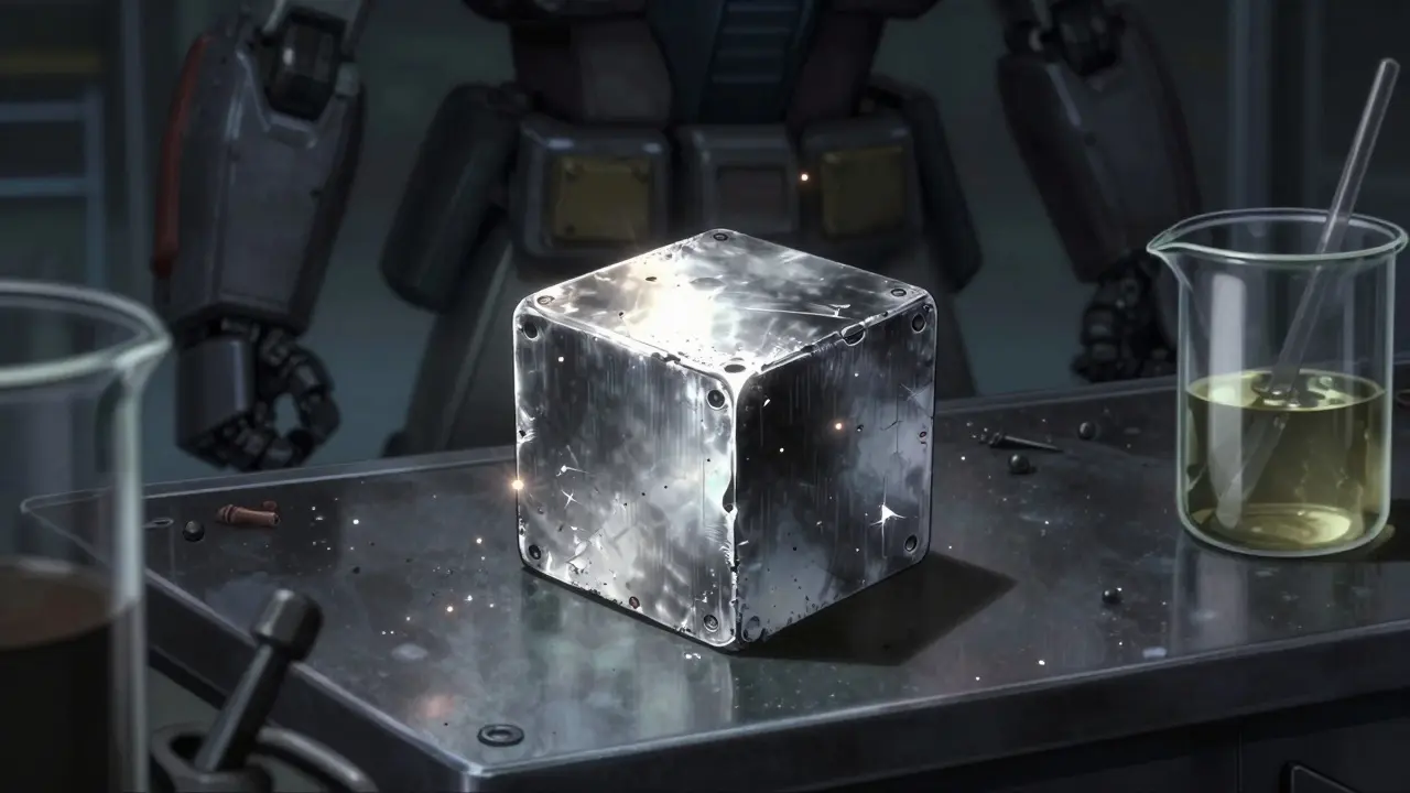 Reactive lithium metal cube sparking in oil on an industrial workbench