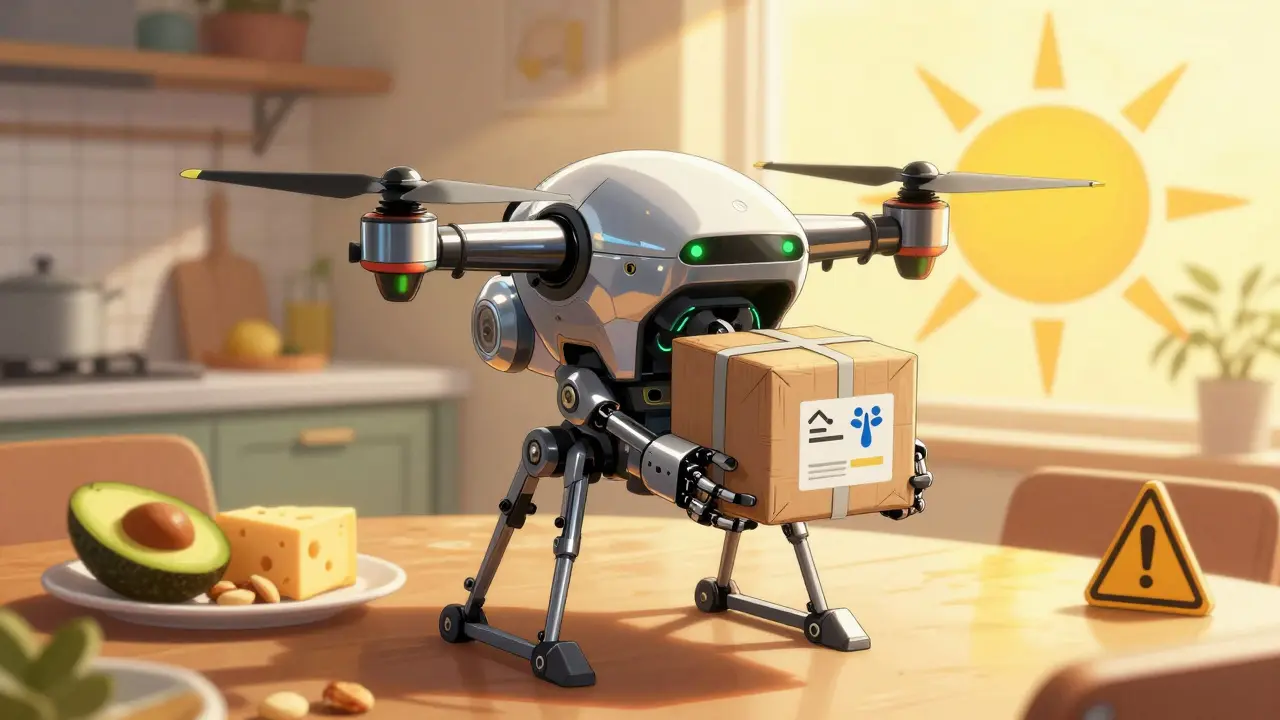 Robot delivering medicine near fatty food and sun warning signs