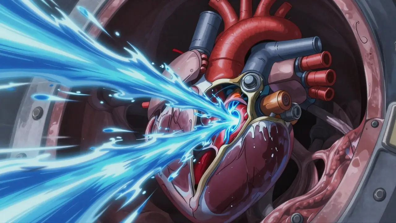 Robotic heart valve leaking backward illustrating regurgitation in super robot anime style