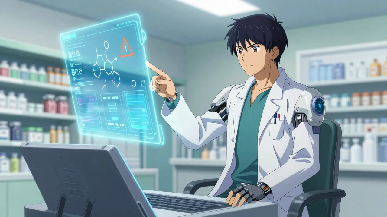 Robotic pharmacist analyzing medication labels on holograms