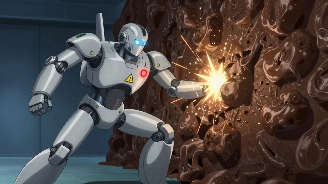 Silver robot blocked by food matrix showing reduced drug absorption
