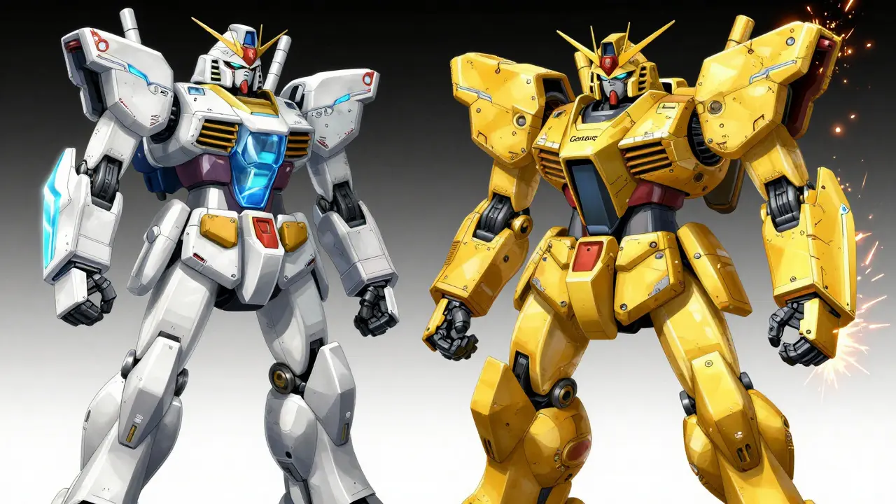 Two mecha robots comparing brand name vs generic drugs, showing identical cores but different external filler materials.