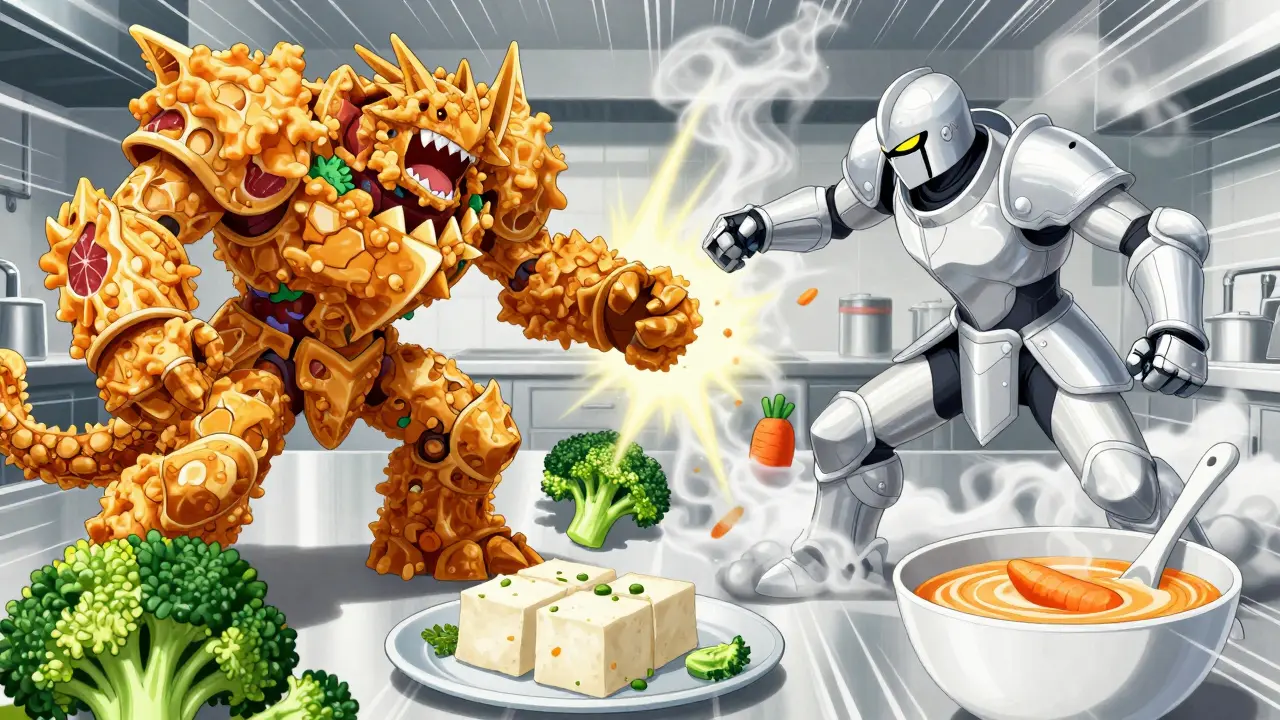 Anime battle between junk food monsters and healthy food knights